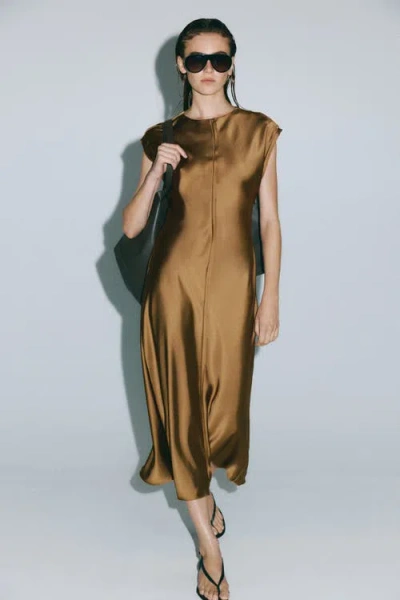 H&m Satin Midi Dress In Brown