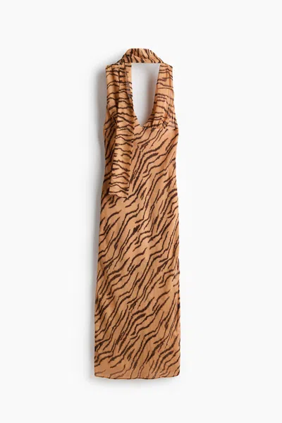 H&m Scarf-collar Midi Dress In Brown