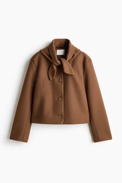 H&m Scarf-collar Twill Jacket In Brown