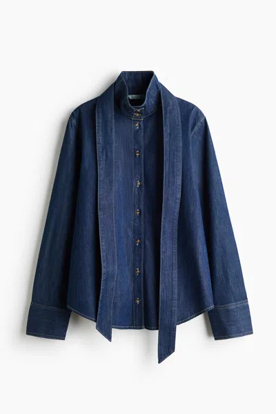 H&m Scarf-detail Denim Blouse In Blue