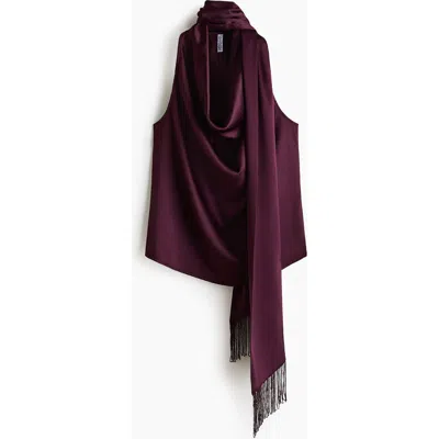 H&m Scarf-detail Satin Top In Burgundy