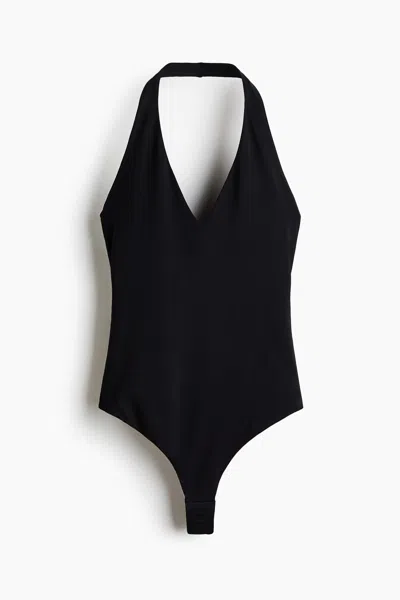 H&m Sculpting Halterneck Thong Bodysuit In Black