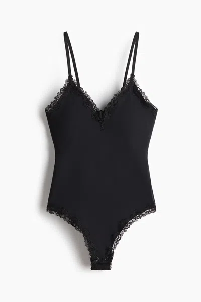 H&m Seamless Lace-trimmed Bodysuit In Black