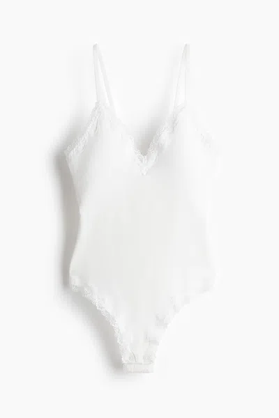 H&m Seamless Lace-trimmed Bodysuit In White