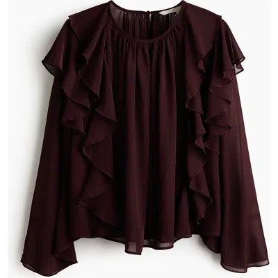 H&m Sheer Flounce-trimmed Blouse In Burgundy