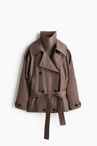 H&m Short Funnel-collar Trench Coat In Brown