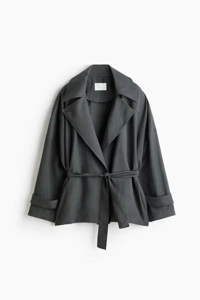H&m Short Lyocell-blend Trench Coat In Gray