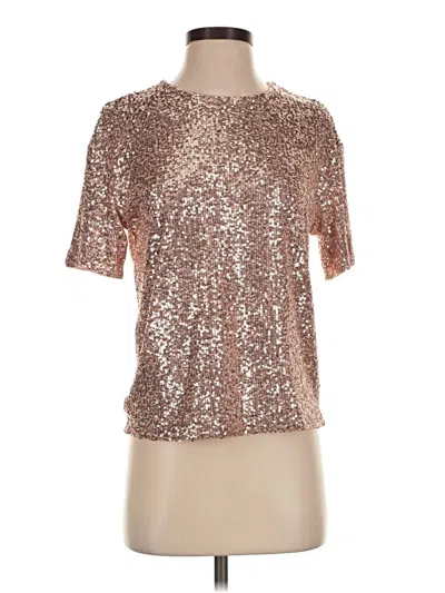 Pre-owned H&m Short Sleeve Top Gold Metallic Pattern Mock Neckline Tops