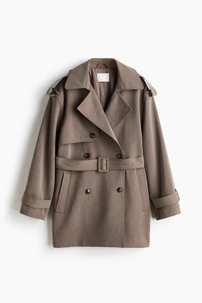 H&m Short Trench Coat In Brown