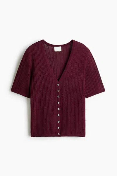 H&m Short-sleeved Cable-knit Cardigan In Burgundy