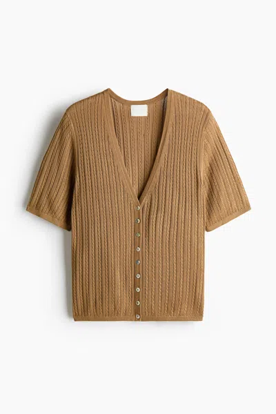 H&m Short-sleeved Cable-knit Cardigan In Brown