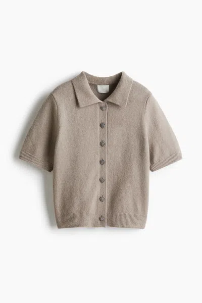 H&m Short-sleeved Cardigan With Collar In Brown