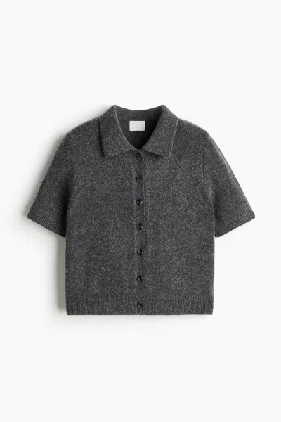 H&m Short-sleeved Cardigan With Collar In Gray