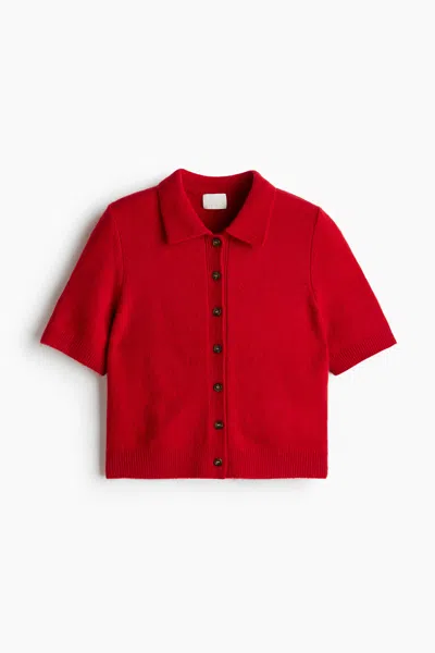 H&m Short-sleeved Cardigan With Collar In Red