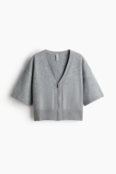 H&m Short-sleeved Cardigan With Zipper In Gray