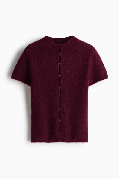 H&m Short-sleeved Fine-knit Cardigan In Burgundy