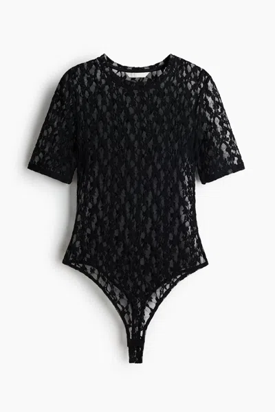 H&m Short-sleeved Lace Bodysuit In Black