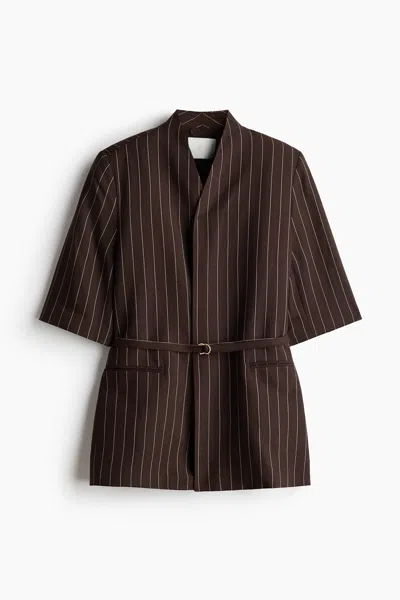 H&m Short-sleeved Linen-blend Jacket In Brown