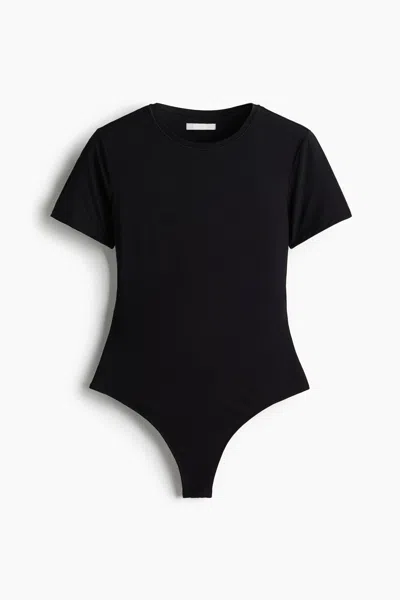 H&m Short-sleeved Microfiber Bodysuit In Black