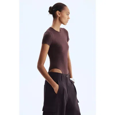H&m Short-sleeved Microfiber Bodysuit In Brown