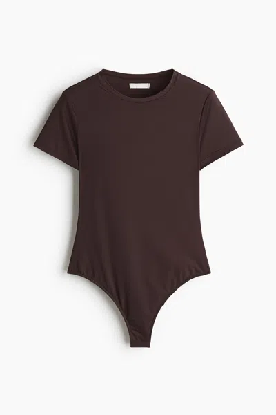 H&m Short-sleeved Microfiber Bodysuit In Brown