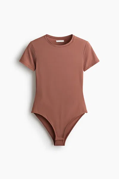 H&m Short-sleeved Microfiber Bodysuit In Brown