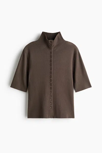 H&m Short-sleeved Mock Turtleneck Cardigan In Brown