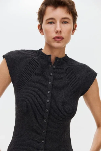 H&m Short-sleeved Rib-knit Cardigan In Black