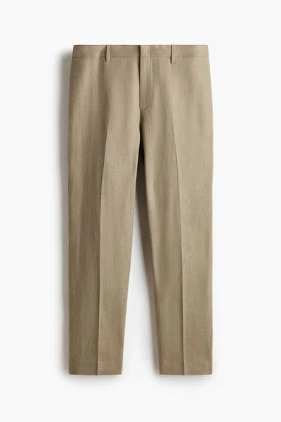H&m Slim Fit Linen Suit Trousers In Brown
