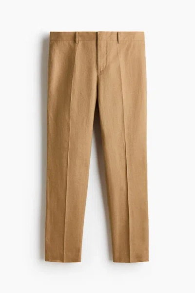 H&m Slim Fit Linen Suit Trousers In Brown