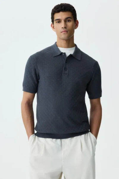 H&m Slim-fit Textured-knit Polo Shirt In Blue