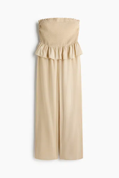 H&m Smocked Bandeau Jumpsuit In Neutral