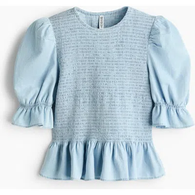 H&m Smocked Denim Blouse In Blue