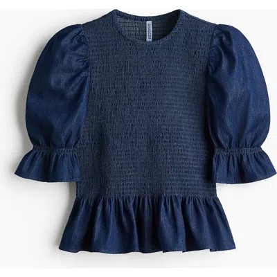 H&m Smocked Denim Blouse In Animal Print