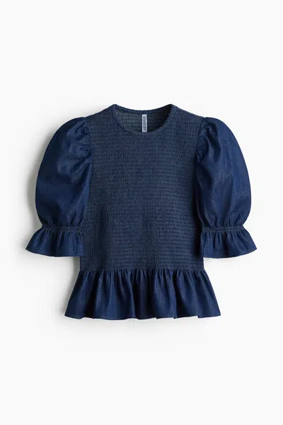 H&m Smocked Denim Blouse In Blue