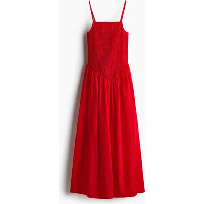 H&m Smocked Flared-skirt Dress In Red
