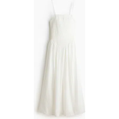 H&m Smocked Flared-skirt Dress In White