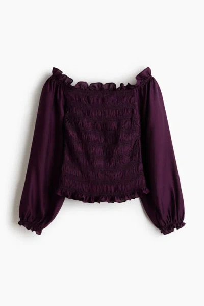 H&m Smocked Off-the Shoulder Blouse In Purple