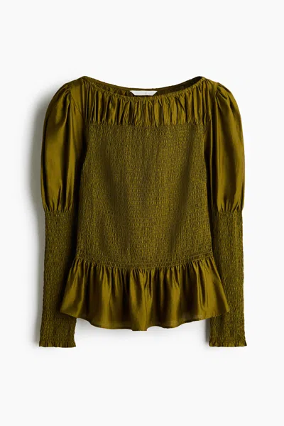 H&m Smocked Viscose-blend Blouse In Green