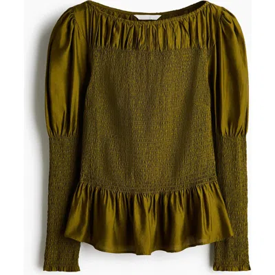 H&m Smocked Viscose-blend Blouse In Green