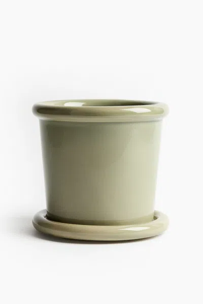 H&m Stoneware Plant Pot With Saucer In Green
