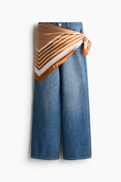 H&m Straight High Waist Scarf-detail Jeans In Blue