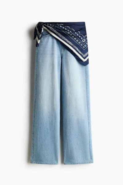H&m Straight High Waist Scarf-detail Jeans In Blue