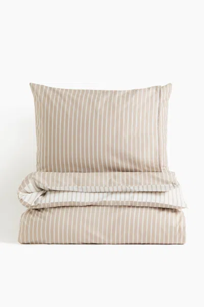 H&m Striped Cotton King/queen Duvet Cover Set In Brown