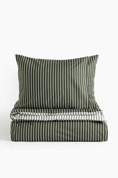 H&m Striped Cotton King/queen Duvet Cover Set In Green