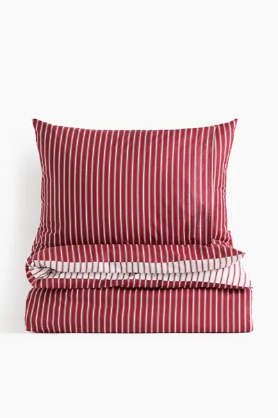 H&m Striped Cotton King/queen Duvet Cover Set In Red