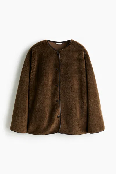 H&m Teddy Fleece Jacket In Dark Khaki Green