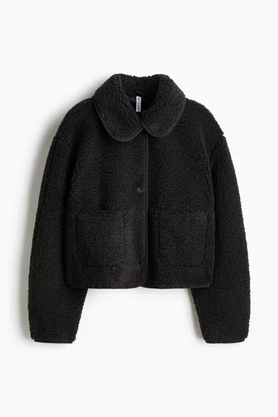 H&m Teddy Fleece Jacket With Collar In Black
