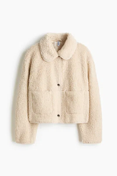 H&m Teddy Fleece Jacket With Collar In Light Beige