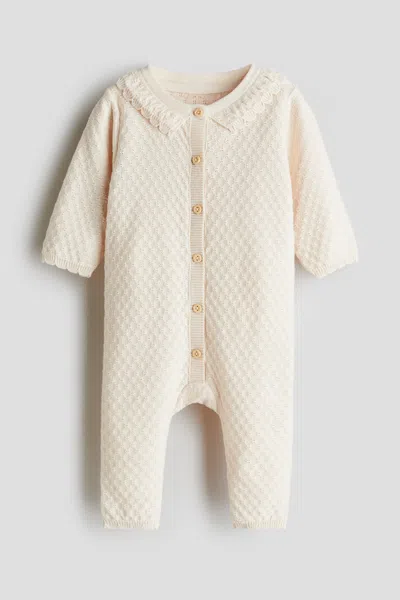 H&m Babies' Textured-knit Cotton Jumpsuit In Neutral